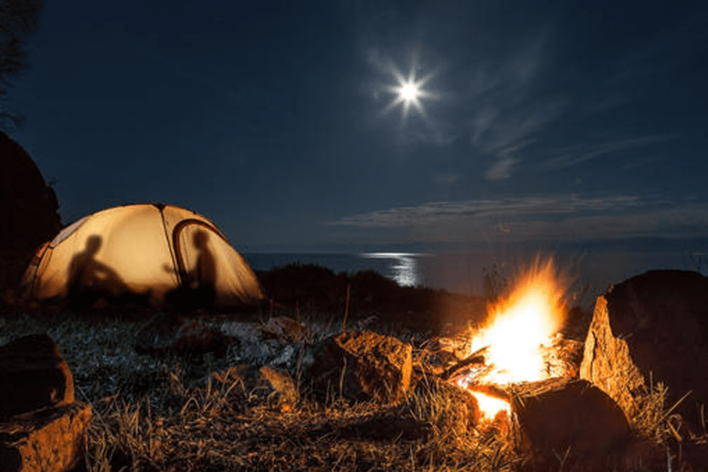 two people in a tent under a starry sky